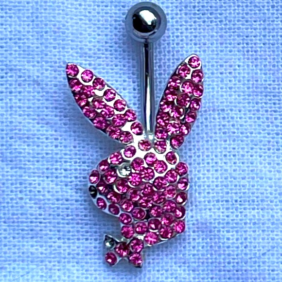 Playboy Bunny Head Design Navel Ring Silver Pink Rhinestones 14g 316l Vintage 8$